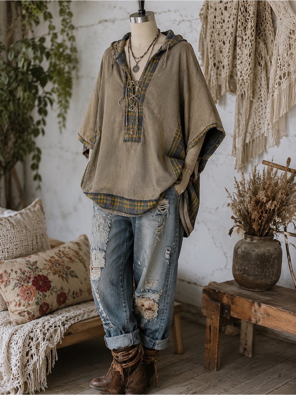170🌟 Oli & Hali Oversized Hooded Plaid Lace-Up Tunic | Boho Poncho Cottagecore F